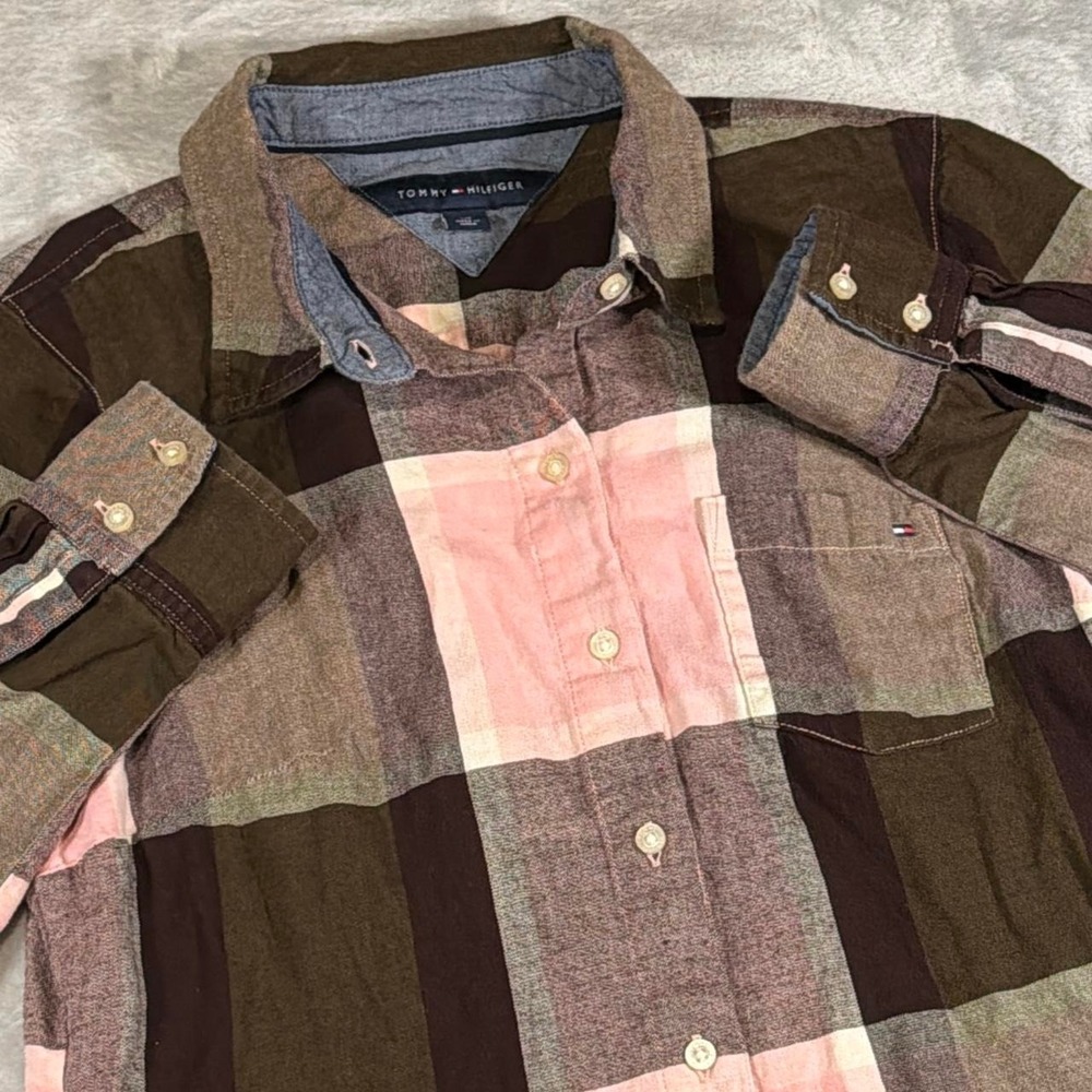 Vintage Tommy Hilfiger Plaid Button-Up Shirt | Pink Brown | XS